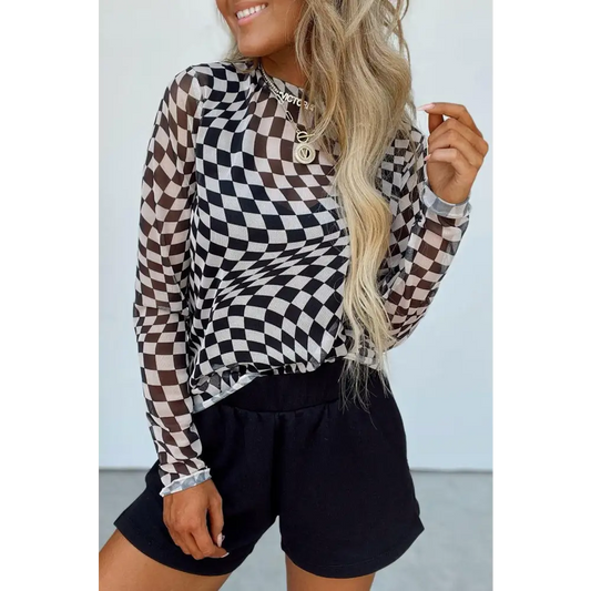 Stylish Black Checkered Pattern Mesh Long Sleeve Top and Shorts Set Black / XL