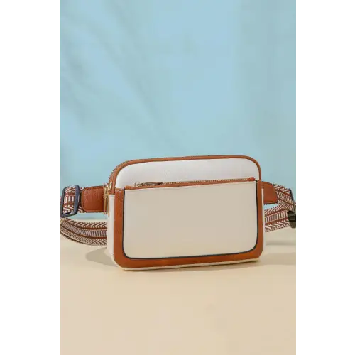 Stylish Brown Leather Rectangle Crossbody with Unique Patterned Strap