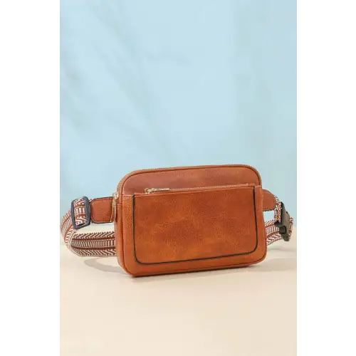 Stylish Brown Leather Rectangle Crossbody with Unique Patterned Strap