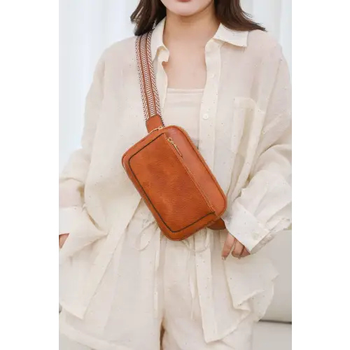 Stylish Brown Leather Rectangle Crossbody with Unique Patterned Strap