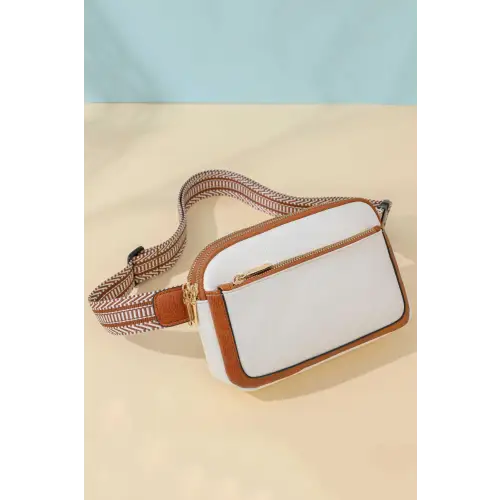 Stylish Brown Leather Rectangle Crossbody with Unique Patterned Strap