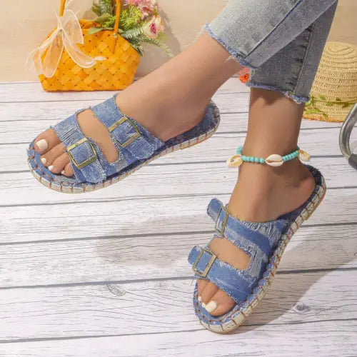 Denim Open Toe Buckle Sandals - CM Fashion