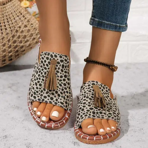 Fringe Leopard Open Toe Sandals - CM Fashion