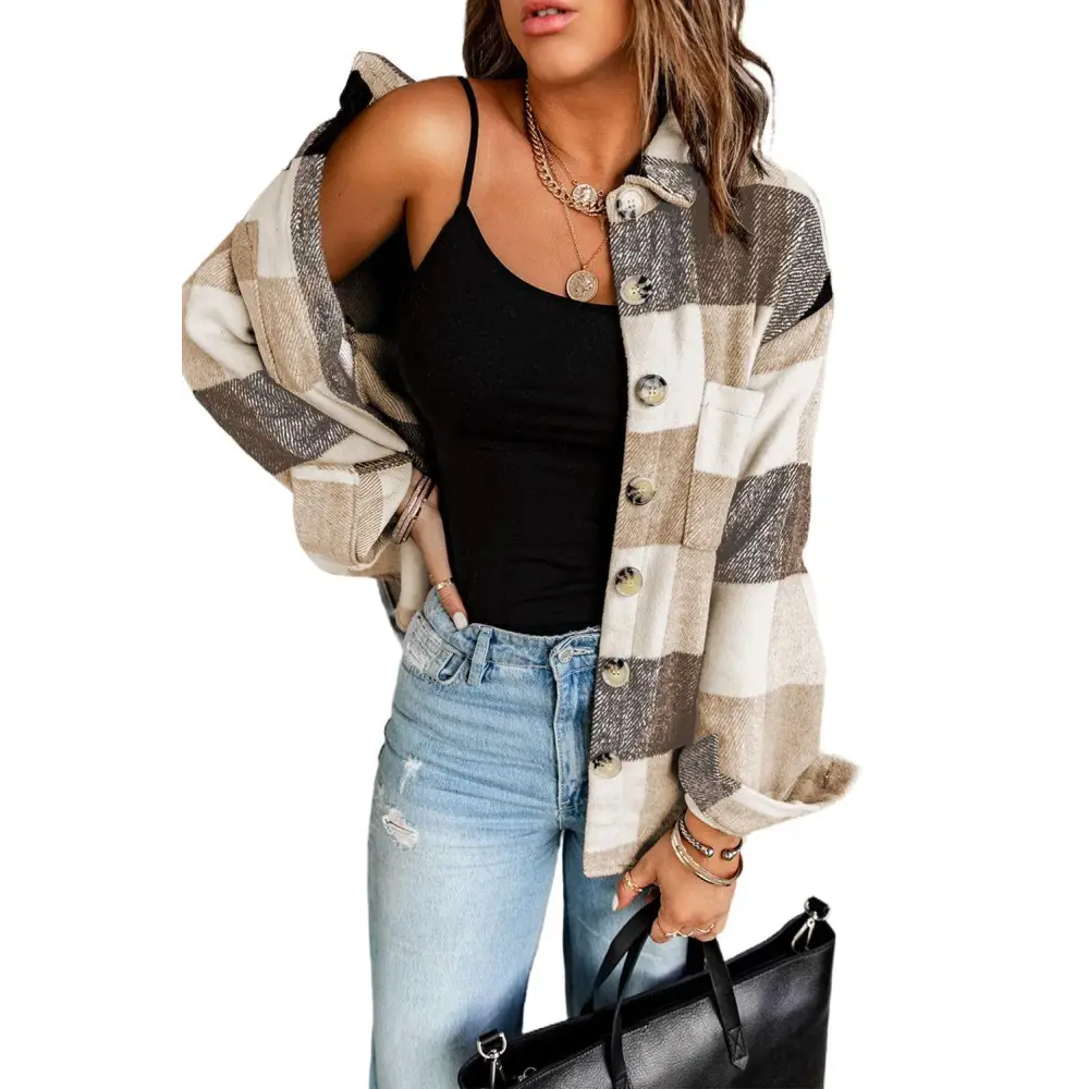 Stylish Grey Plaid Color Block Buttoned Shacket with Pockets