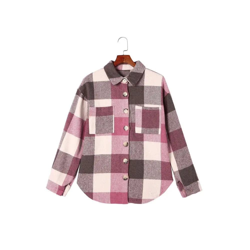 Stylish Grey Plaid Color Block Buttoned Shacket with Pockets