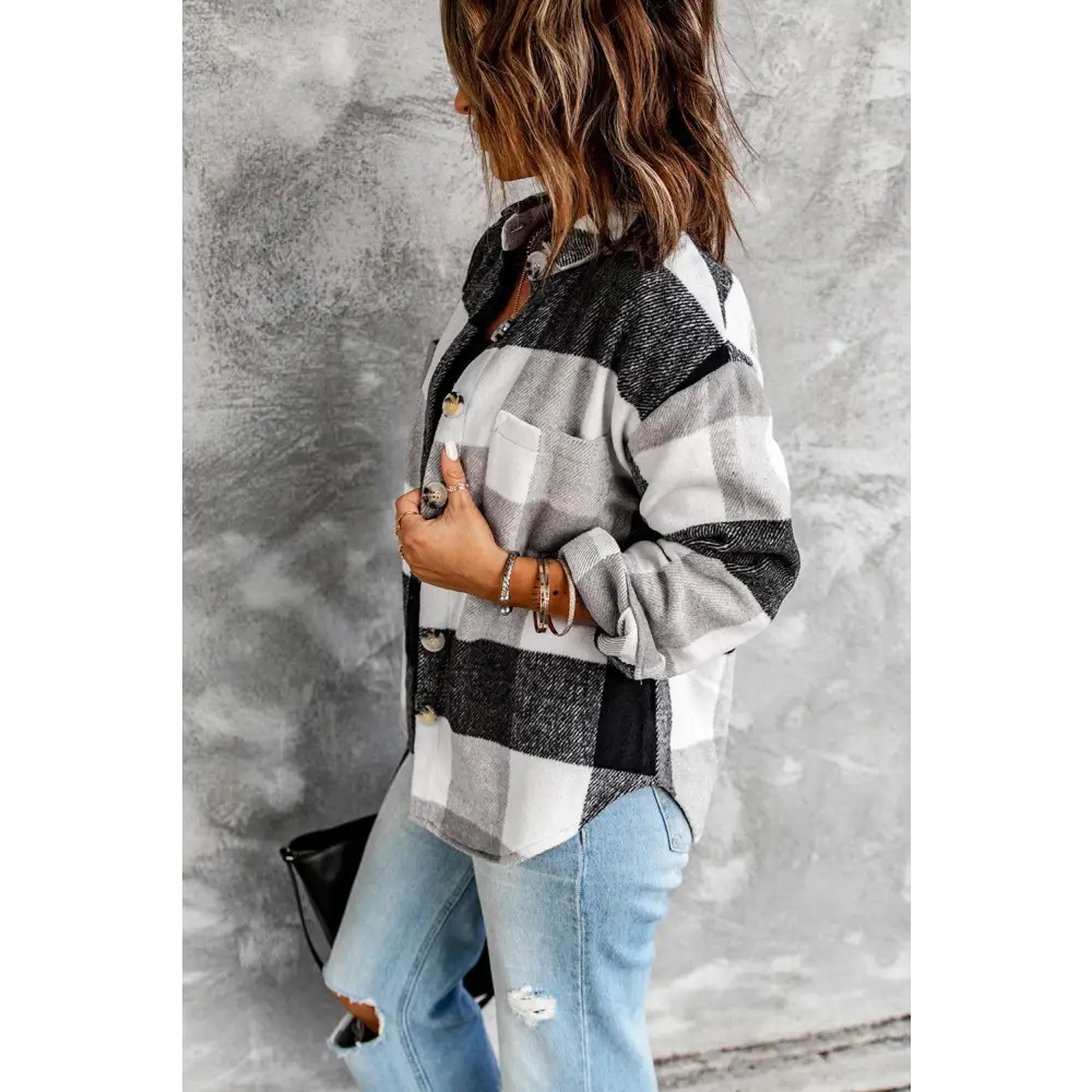 Stylish Grey Plaid Color Block Buttoned Shacket with Pockets