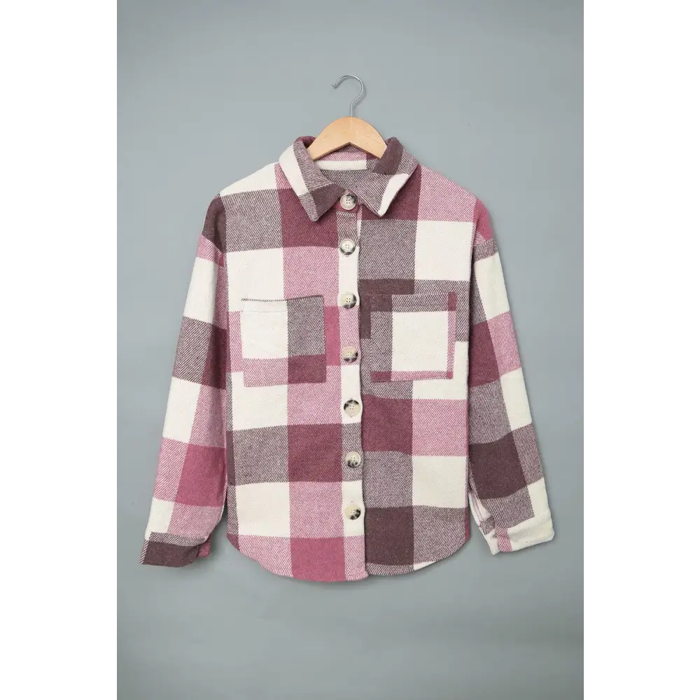 Stylish Grey Plaid Color Block Buttoned Shacket with Pockets