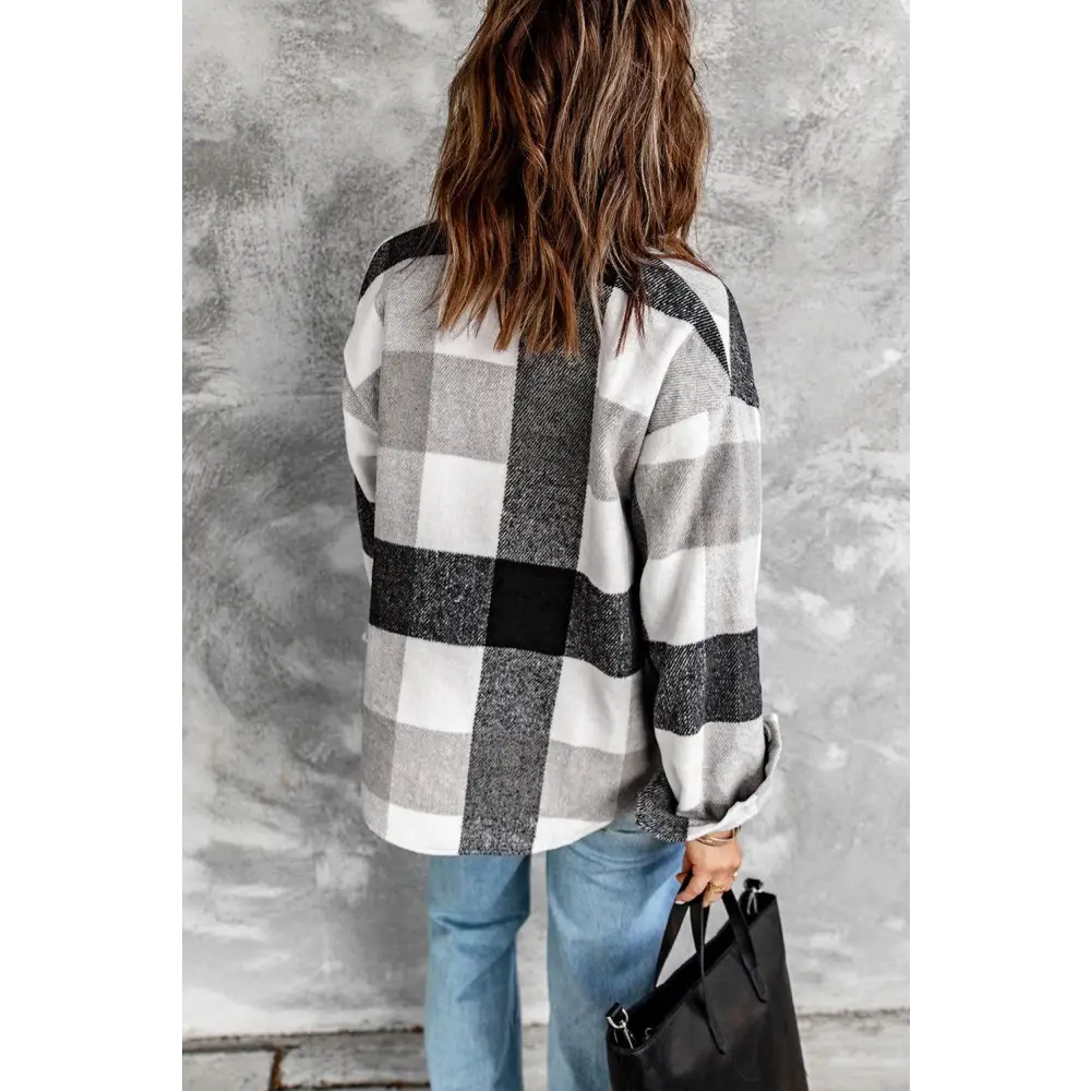 Stylish Grey Plaid Color Block Buttoned Shacket with Pockets