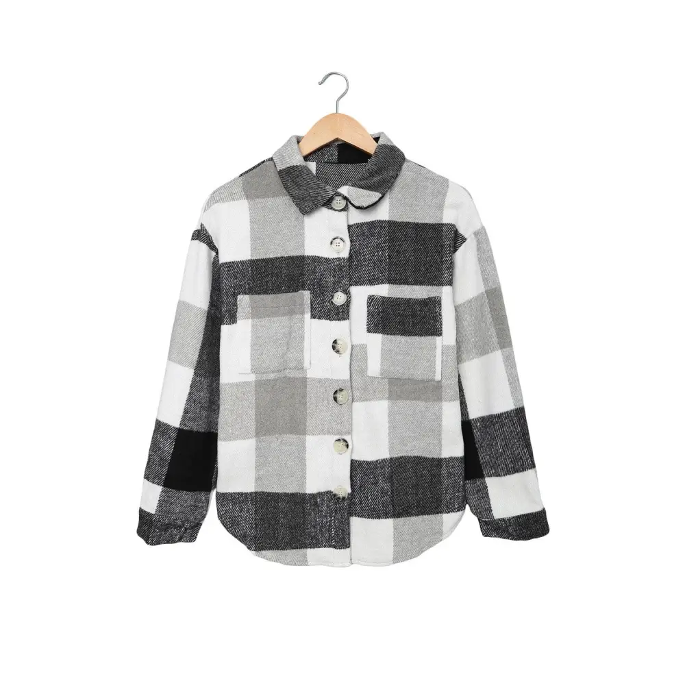 Stylish Grey Plaid Color Block Buttoned Shacket with Pockets