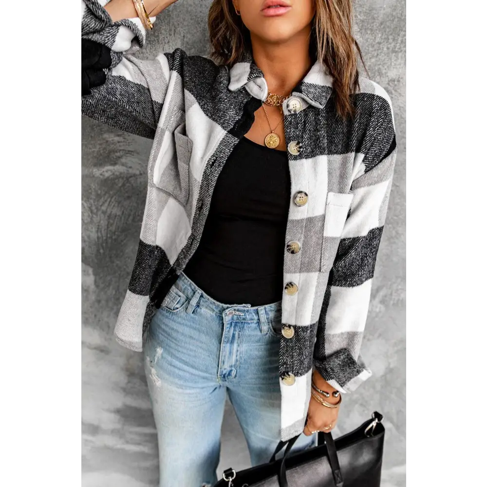 Stylish Grey Plaid Color Block Buttoned Shacket with Pockets