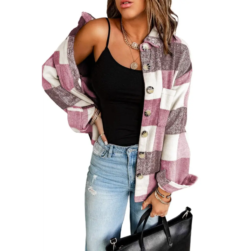 Stylish Grey Plaid Color Block Buttoned Shacket with Pockets