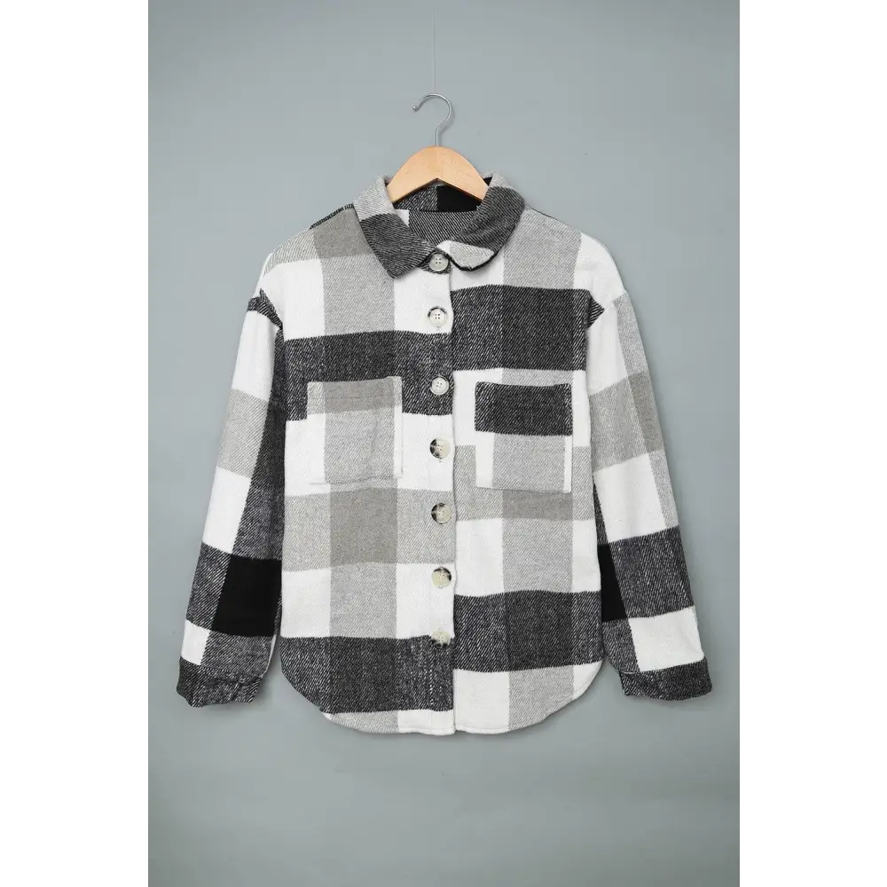 Stylish Grey Plaid Color Block Buttoned Shacket with Pockets