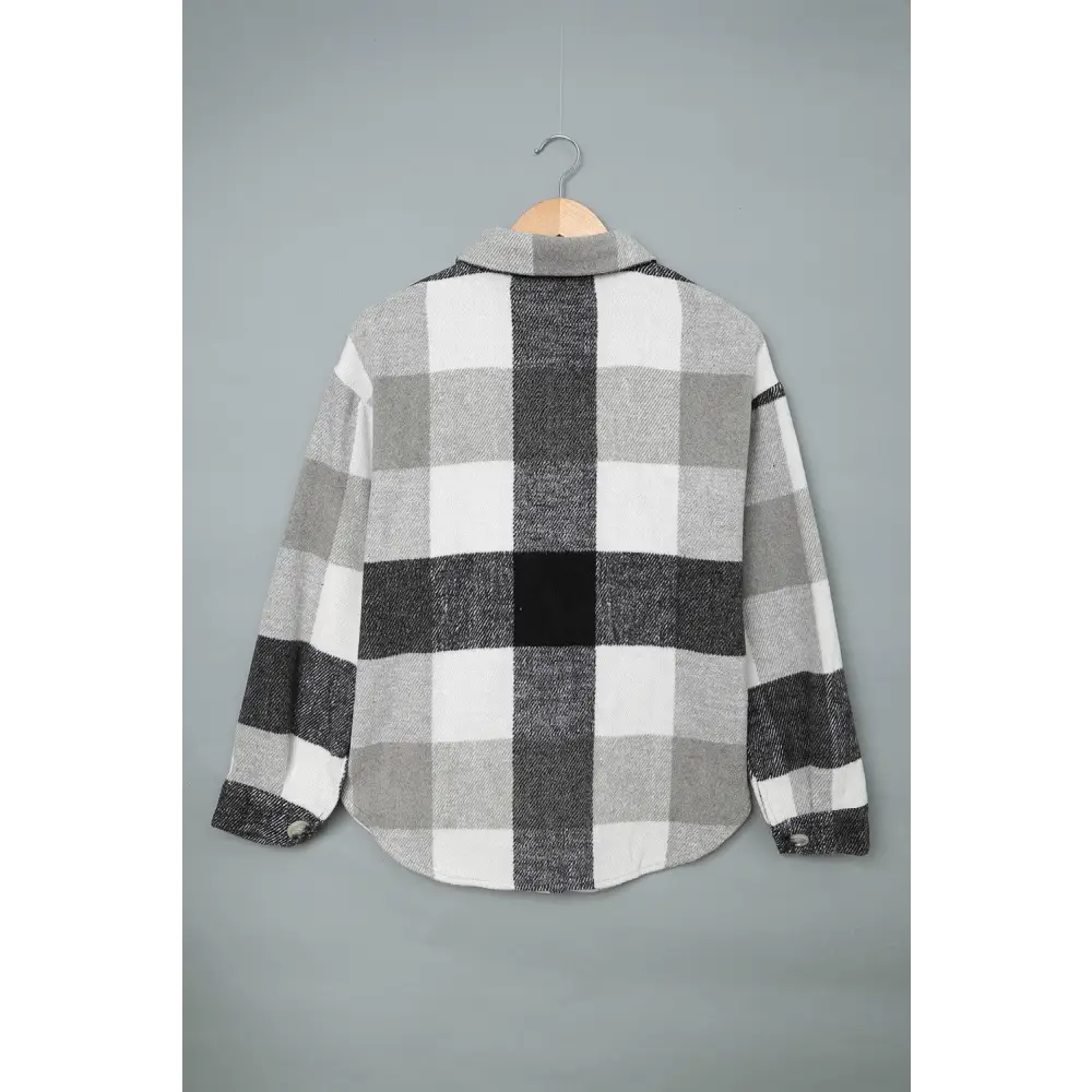 Stylish Grey Plaid Color Block Buttoned Shacket with Pockets