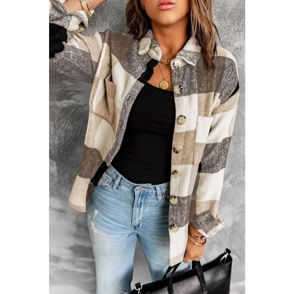 Stylish Grey Plaid Color Block Buttoned Shacket with Pockets