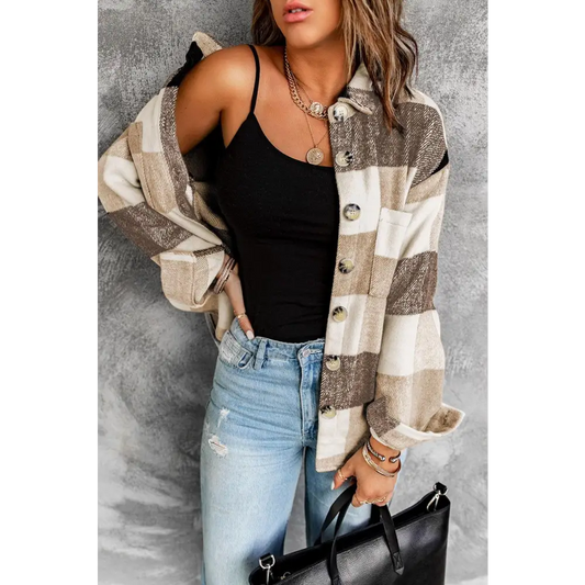 Grey Plaid Color Block Pockets Buttoned Shacket - CM Fashion