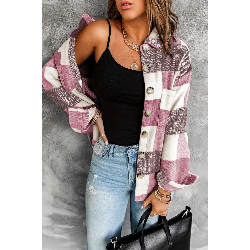 Stylish Grey Plaid Color Block Buttoned Shacket with Pockets