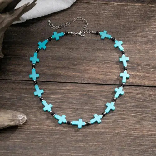 Stylish Hip Hop Versatile Necklace with Turquoise Cross Design 