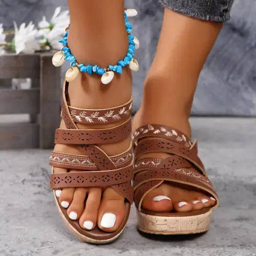 PU Leather Crisscross Wedge Sandals - CM Fashion