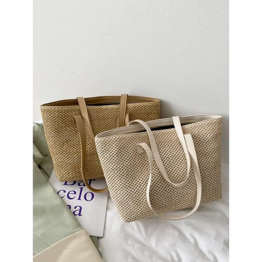 Solid Color Woven Tote Bag - CM Fashion