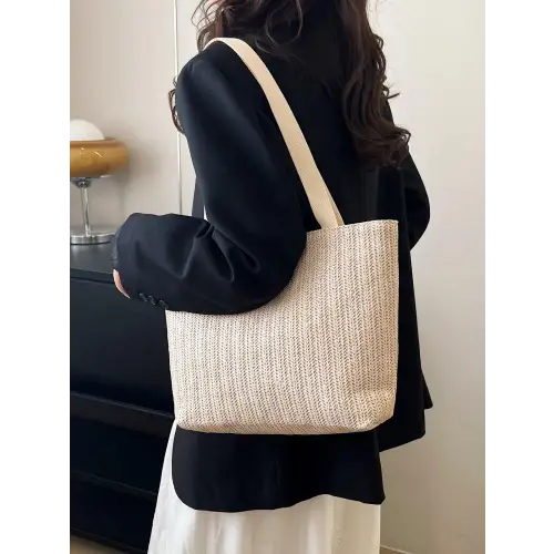 Stylish Straw Woven Tote Bag with Cream Straps for Summer Adventures