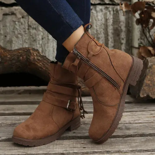 Suede Side Zip Round Toe Boots - CM Fashion