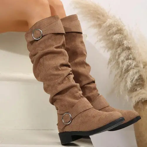 Stylish Tan Suede Buckle Round Toe Block Heel Boots for Fall