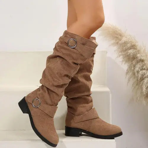 Stylish Tan Suede Buckle Round Toe Block Heel Boots for Fall