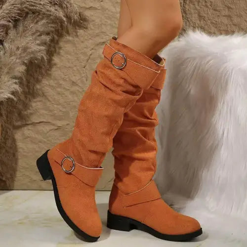 Stylish Tan Suede Buckle Round Toe Block Heel Boots for Fall