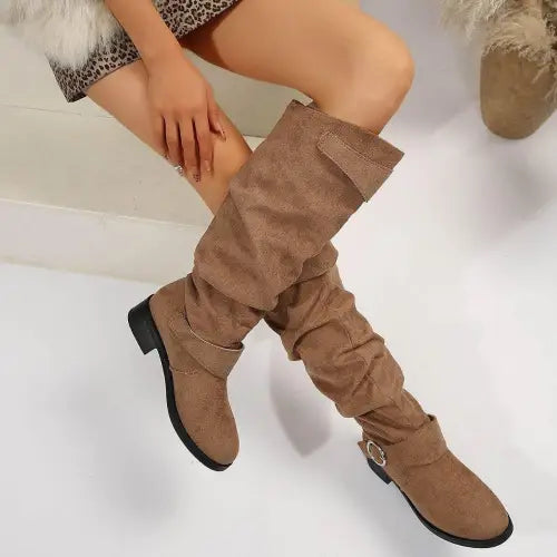 Stylish Tan Suede Buckle Round Toe Block Heel Boots for Fall