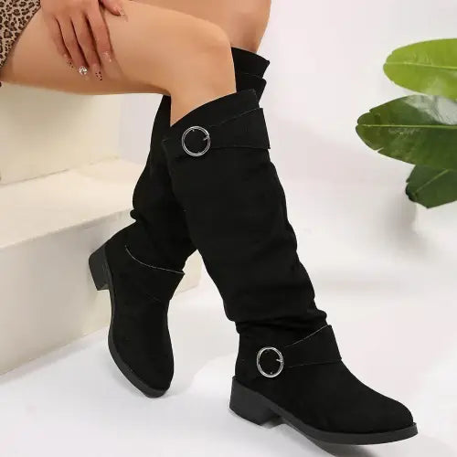 Stylish Tan Suede Buckle Round Toe Block Heel Boots for Fall