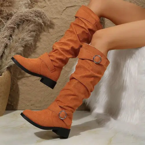 Stylish Tan Suede Buckle Round Toe Block Heel Boots for Fall