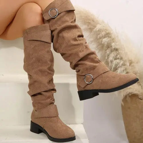 Buckle Round Toe Block Heel Boots - Taupe / 36(US5) - CynthiaMonica CM