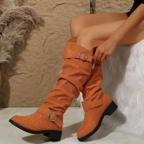 Stylish Tan Suede Buckle Round Toe Block Heel Boots for Fall