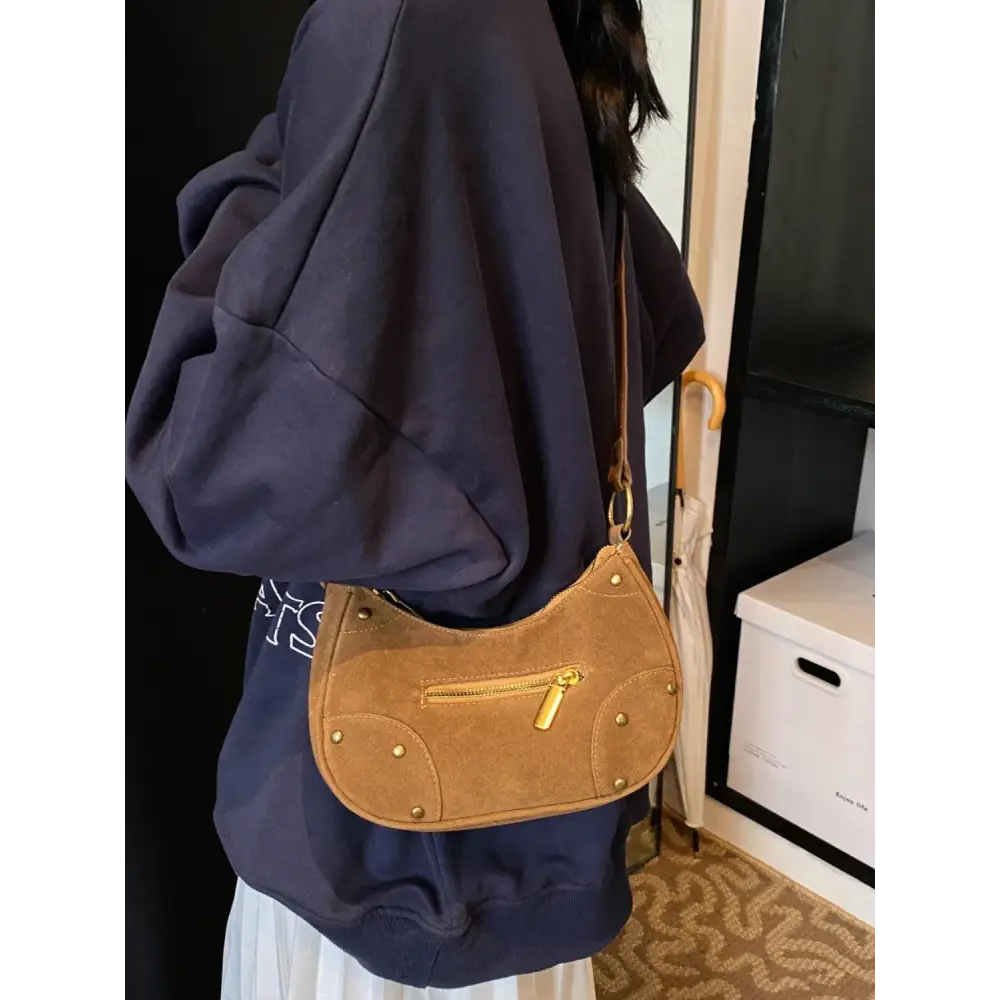 Chic Suede Adjustable Strap Shoulder Bag with Gold Accents