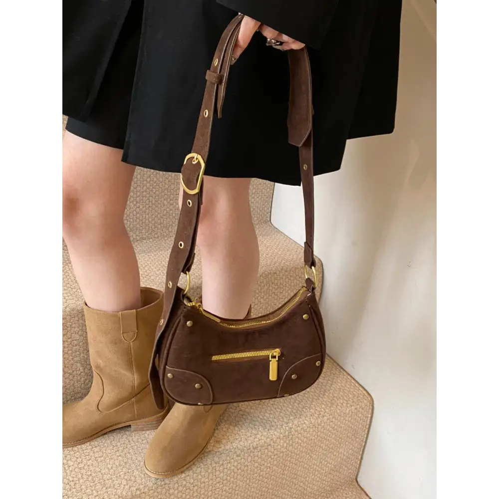 Chic Suede Adjustable Strap Shoulder Bag with Gold Accents