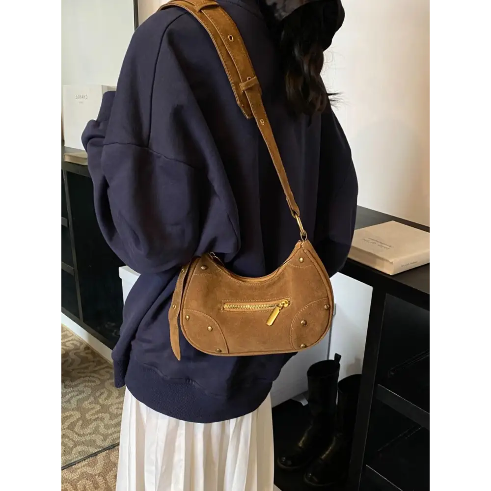 Chic Suede Adjustable Strap Shoulder Bag with Gold Accents