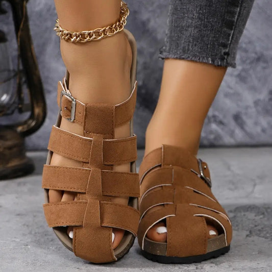 Suede Round Toe Woven Sandals - CM Fashion