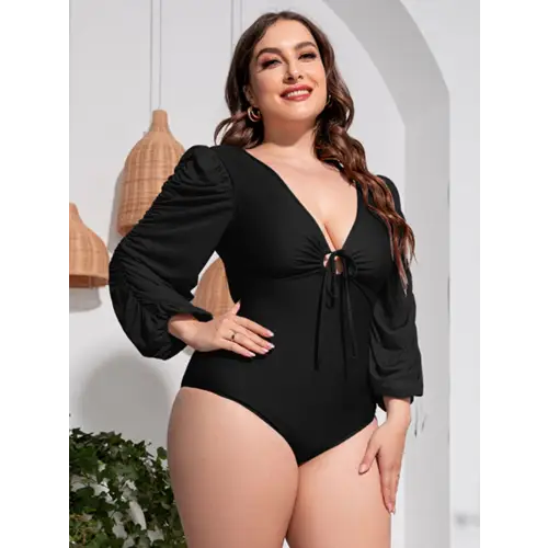 Plus Size Tied Deep V Balloon Sleeve One-Piece Swimsuit - CM Fashion