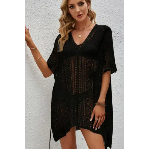 Openwork V-Neck Short Sleeve Cover Up - CM Fashion