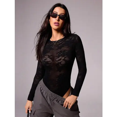 Round Neck Long Sleeve Lace Bodysuit - Black / S - CynthiaMonica CM