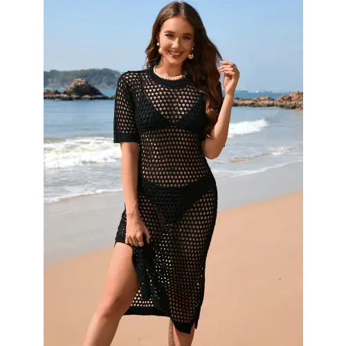 Sultry Slit Openwork Round Neck Beach Cover-Up