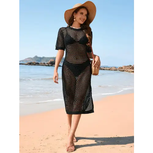 Sultry Slit Openwork Round Neck Beach Cover-Up