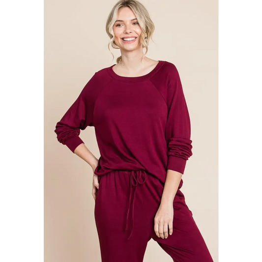 Super Lady Round Neck Raglan Sleeve Top and Pants Lounge Set - CM Fashion