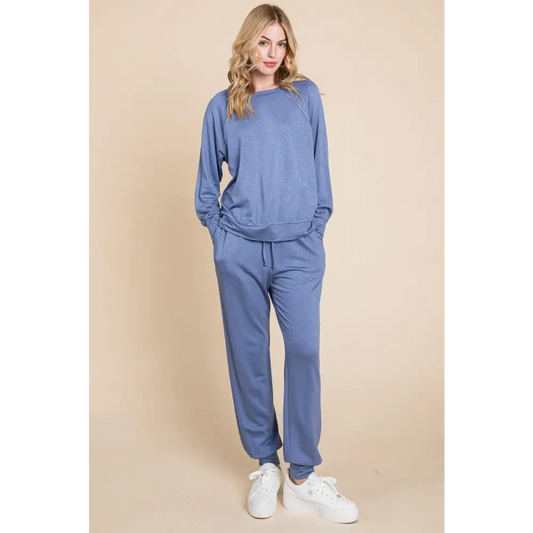 Super Lady Round Neck Raglan Sleeve Top and Pants Lounge Set - CM Fashion