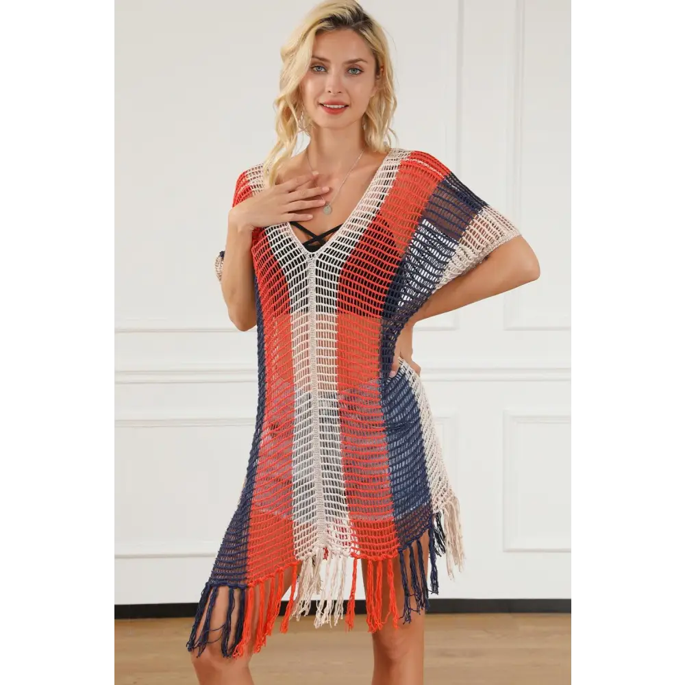 Vibrant Tassel Color Block V-Neck Cover Up for Beach Glamour