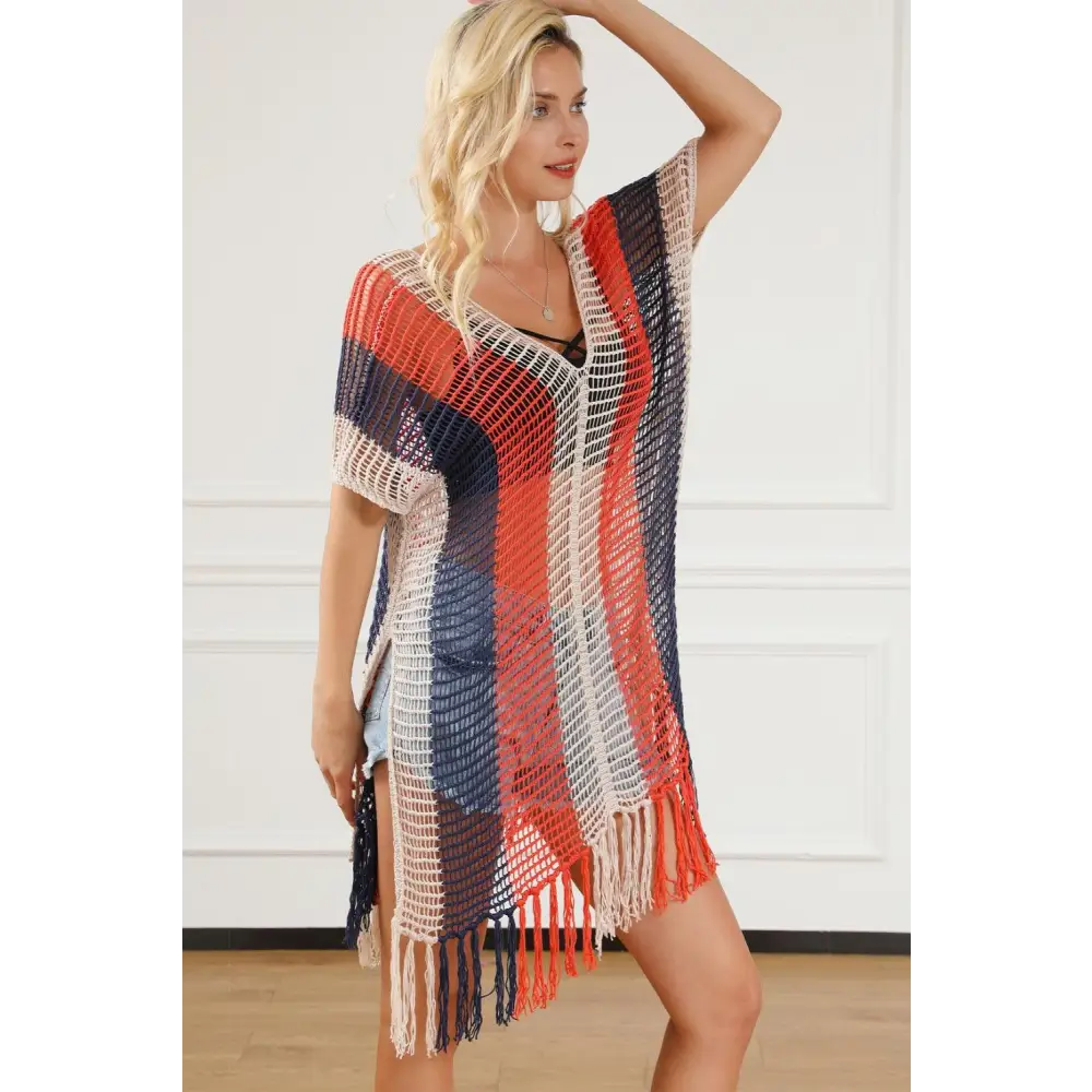 Vibrant Tassel Color Block V-Neck Cover Up for Beach Glamour