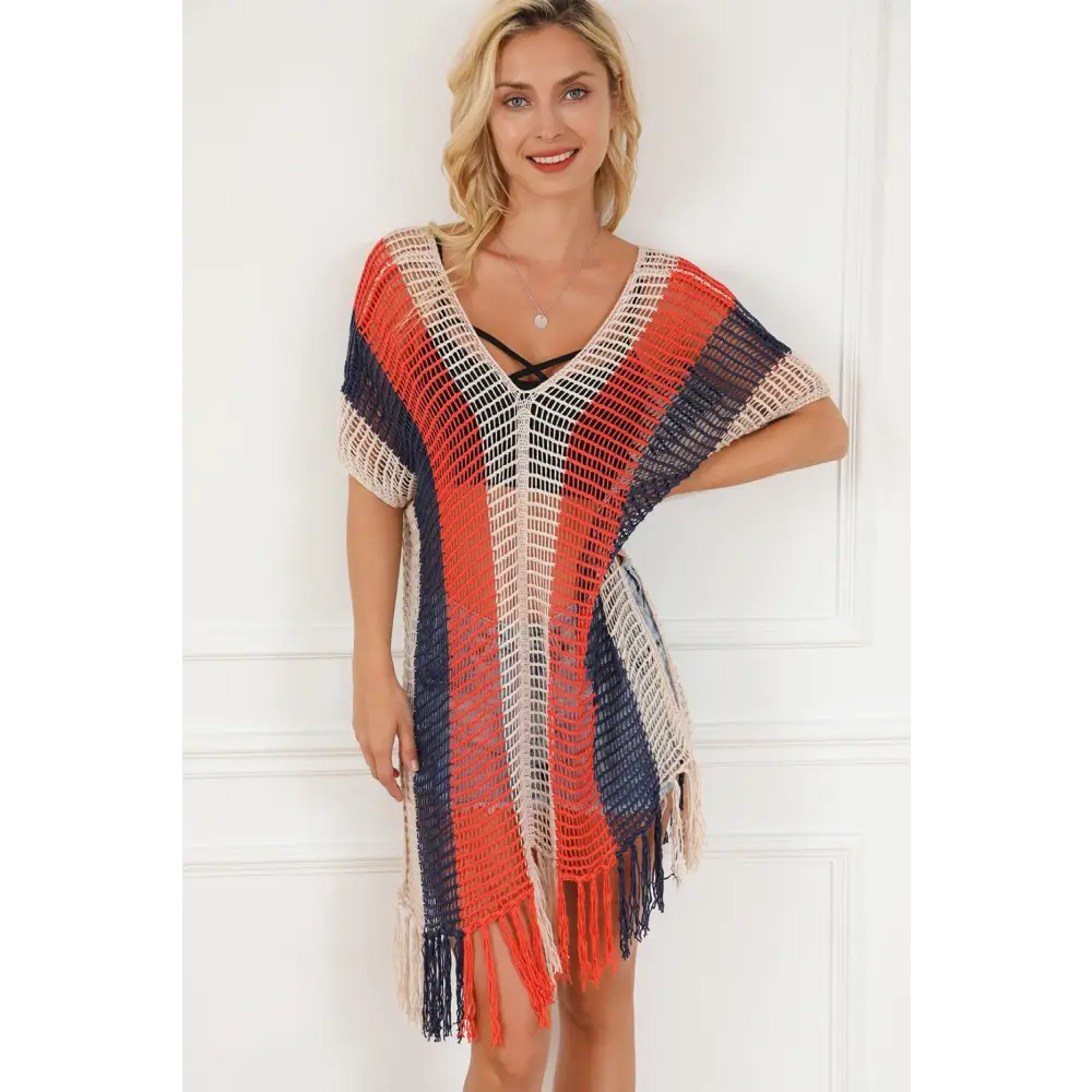 Vibrant Tassel Color Block V-Neck Cover Up for Beach Glamour