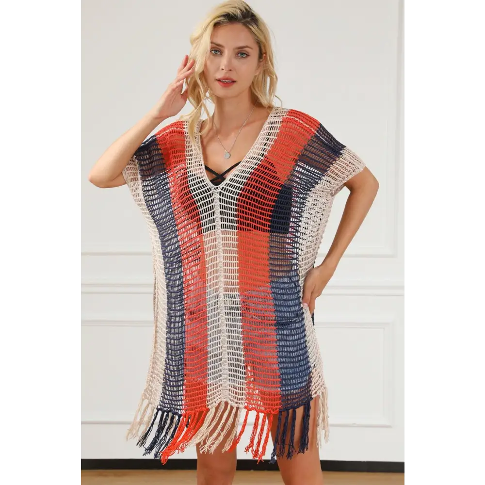 Vibrant Tassel Color Block V-Neck Cover Up for Beach Glamour