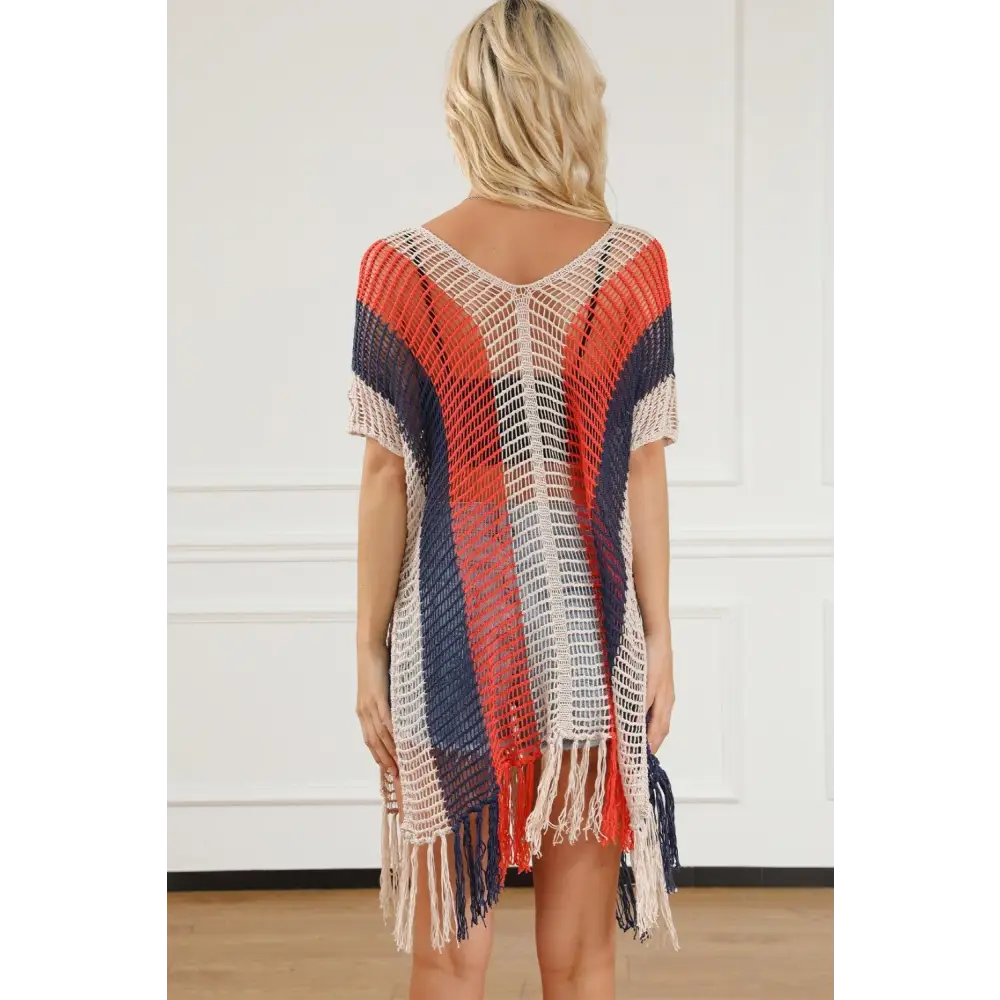 Vibrant Tassel Color Block V-Neck Cover Up for Beach Glamour