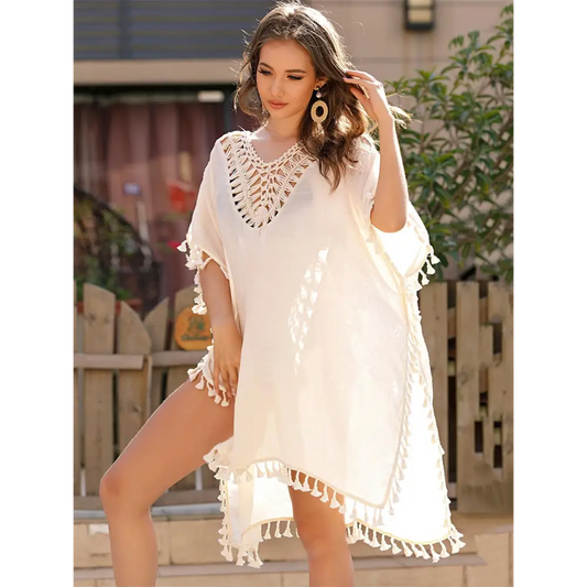 Tassel Cutout Half Sleeve Cover-Up - CM Fashion